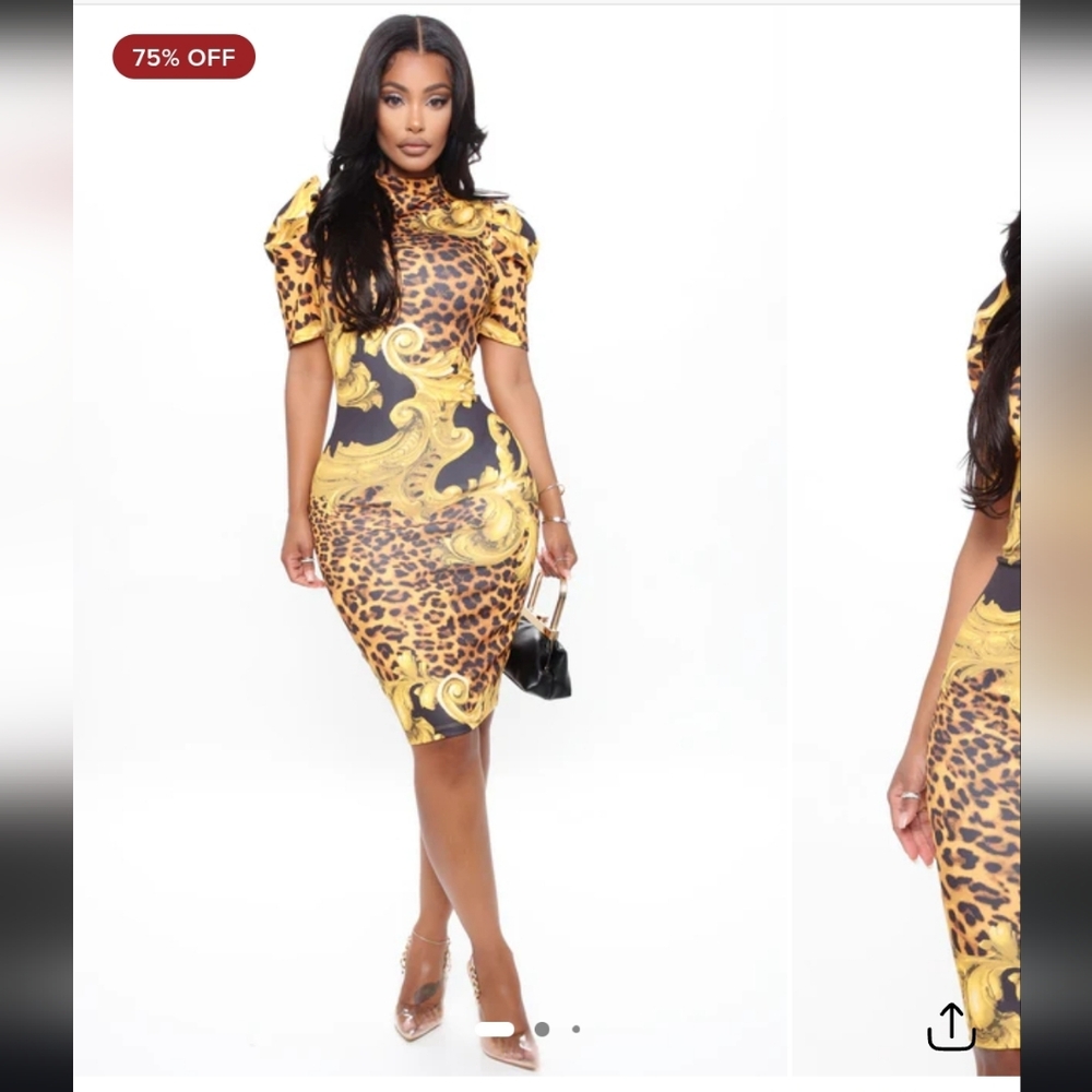Fashion Nova Gold and Leopard Print Midi Dress
